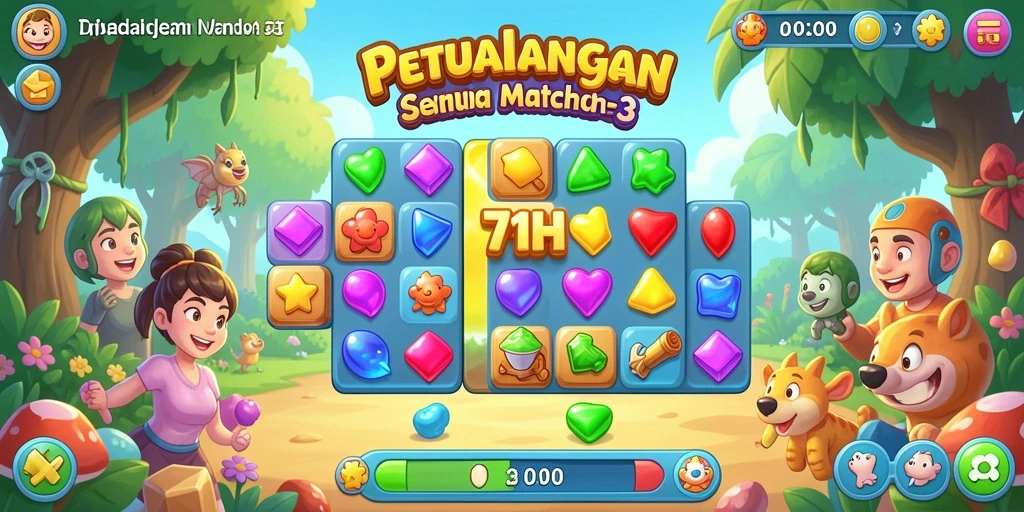 Tangkapan layar gameplay 71H menampilkan momen mencocokkan permata yang seru.