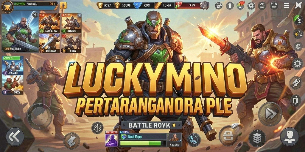 Screenshot LUCKYMINO menampilkan pertempuran seru dalam arena battle royale.