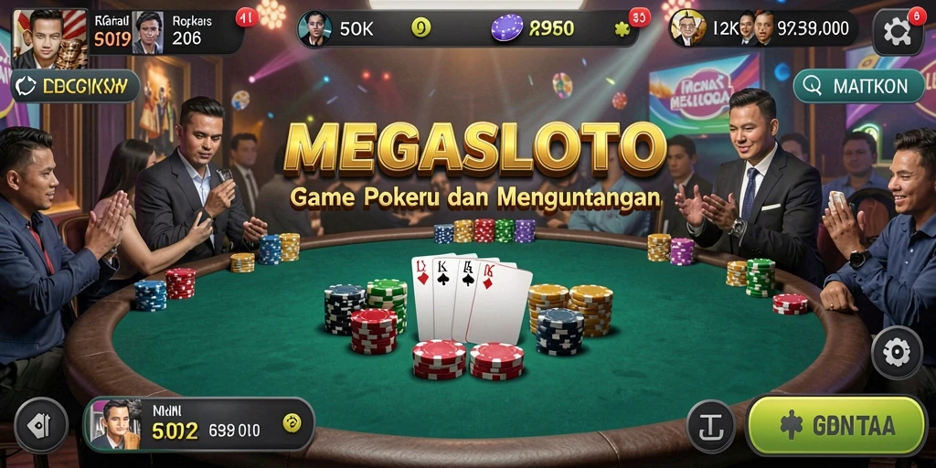 Tampilan gameplay seru di MEGASLOTO dengan pemain berkompetisi di meja poker.